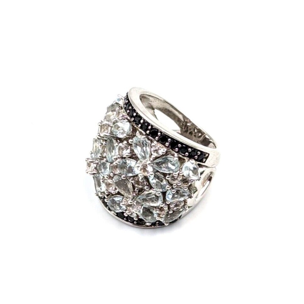 Sterling Silver 925 Aquamarine Clear Topaz Black Quartz Flower Design Ring Sz 5